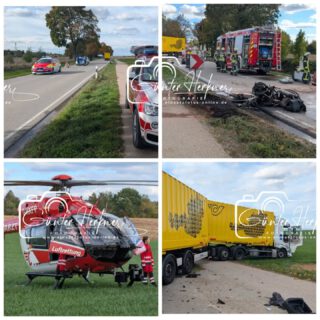 🗓️Datum: 09.10.2026

⏰Uhrzeit: 14.42 Uhr 

🚒🚑 Einsatzart: THL 1

📍Einsatzort: St.2331 

🚒🚑🚁🚓 Eingesetzte Kräfte:
@feuerwehr_forstern
@ffw_hohenlinden
@drf.luftrettung
@brkebersberg
@brkhaag
@polizeiobn 

Motorrad kollidiert mit Gegenverkehr – Fahrer erliegt seinen Verletzungen

Am Freitagnachmittag gegen 14:30 Uhr befuhr ein 55jähriger aus dem Landkreis Mühldorf am Inn mit seinem Kraftrad des Fabrikats BMW die Staatsstraße 2331 von Forstern kommend Richtung Hohenlinden. In Zuge eines Überholmanövers geriet dieser im Bereich einer Kurve mit seinem Kraftrad auf die Gegenfahrbahn und kollidierte frontal mit einem entgegenkommenden LKW. Durch die Kollision wurde der 55jährige erheblich verletzt und erlag noch am Unfallort seinen Verletzungen. Das Kraftrad fing bereits bei der Kollision Feuer und brannte vollständig aus. Der 22jährige LKW-Fahrer, welcher ebenfalls im Landkreis Mühldorf am Inn wohnhaft ist, wurde bei der Kollision nicht verletzt. Durch den Trümmerflug wurde ferner ein PKW einer weiteren Verkehrsteilnehmerin beschädigt. Im Zuge der Erstmaßnahmen am Unfallort, sowie der anschließenden Verkehrsunfallaufnahme verblieb die Staatsstraße 2331für ca. 5 Stunden vollständig gesperrt. Neben Kräften der Polizei waren Einsatzkräfte der Freiwilligen Feuerwehren Forstern und Hohenlinden, mehrere Rettungswägen, ein Rettungshubschrauber und ein Notarzt im Einsatz. Der Sachschaden beläuft sich auf insgesamt ca. 26.000 €.

 Quelle:PI Erding

📷 Günter Herkner

#thl #unfall #feuerwehr #rettungsdienst #polizei luftrettung blaulicht technischehilfe gefahrgut abc brand freiwilligefeuerwehr